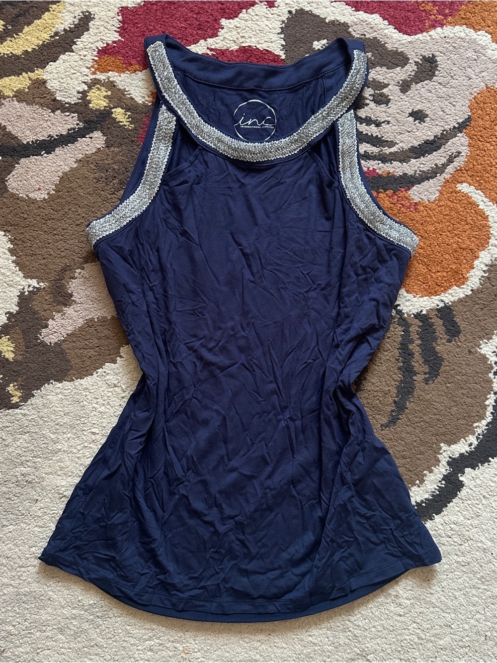 INC International Concepts Navy Rhinestone Tank Top | Size Large (Fits Medium)